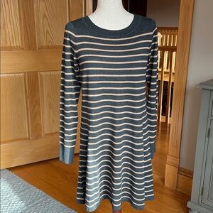 LOFT Gray and Tan Stripe Lightweight Sweater Dress Polyester/Viscose/Wool Blend